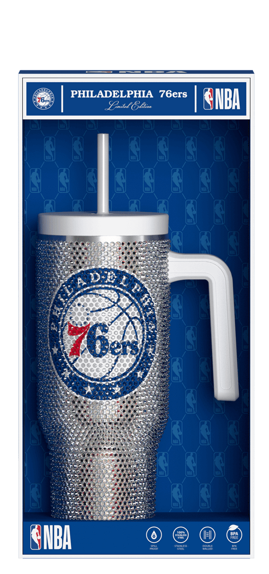 NBA 40oz Bling Voyager Tumbler with Handle in Collectors Box - Philadelphia 76ers